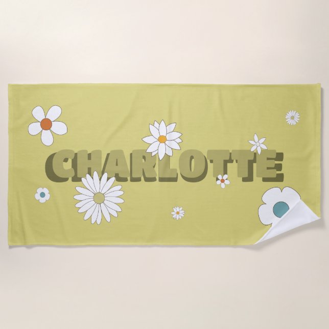 Serviette De Plage Nom personnalisé Fleurs de style rétro jaune (Devant)