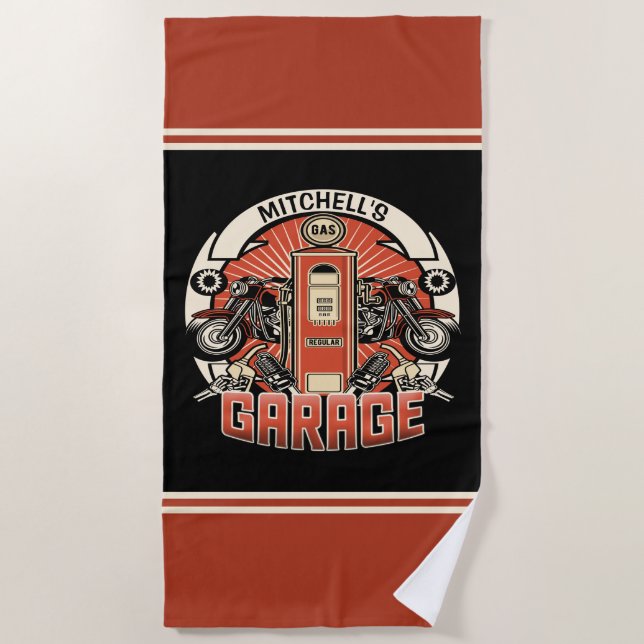 Serviette De Plage Nom personnalisé Garage pour motocyclette à pompe  (Devant)