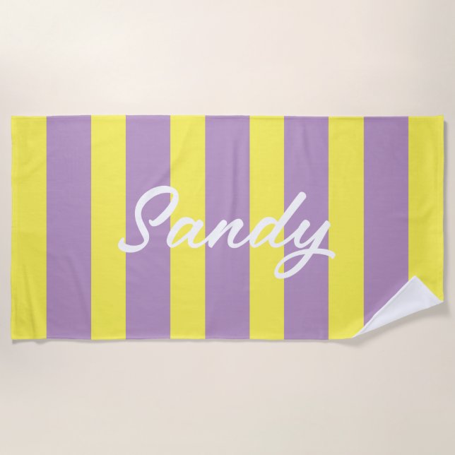 Serviette De Plage Nom personnalisé jaune et violet moderne (Devant)