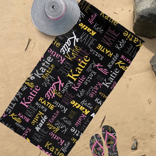 Serviette De Plage Nom personnalisé jaune rose gris noir typographiqu (The matching flip flops are also available in store.)