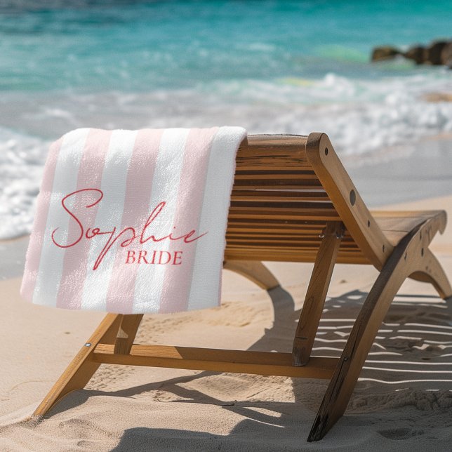 Serviette De Plage Nom personnalisé Mariée Rayure Rose |  Cadeau de F (Créateur téléchargé)