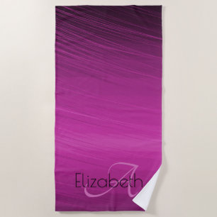 Serviette De Plage Nom Personnalisé Monogramme Chic Purple Black Stre