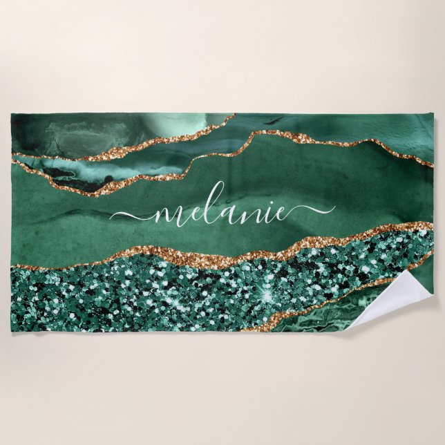 Serviette De Plage Nom Personnalisé Plage Serviette Agate Green Parti (Devant)