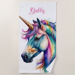 Serviette De Plage Nom personnalisé Rainbow Unicorn