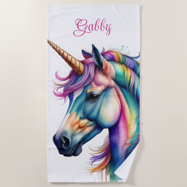 Serviette De Plage Nom personnalisé Rainbow Unicorn (Devant)