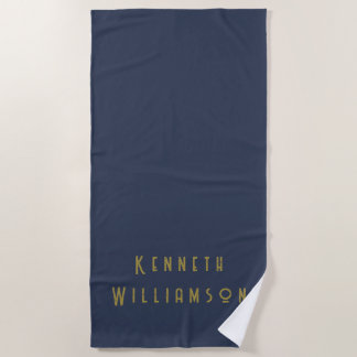 Serviette De Plage Nom personnalisé rétro minimaliste bleu marine or
