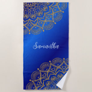 Serviette De Plage Nom personnalisé Royal Blue et or Mandala Elegant
