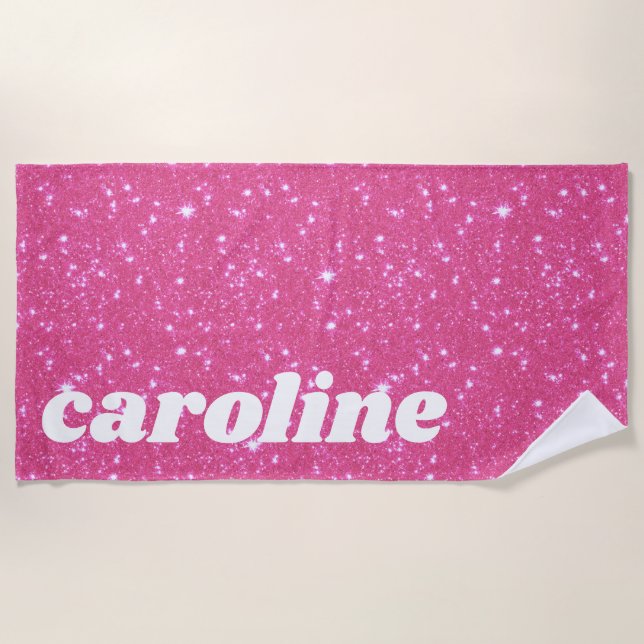 Serviette De Plage Nom personnalisé scintillant paillettes rose chaud (Devant)