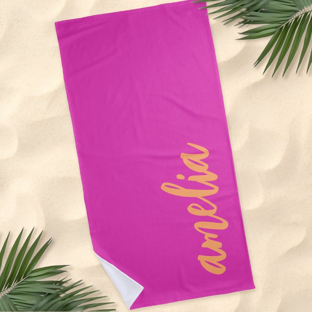 Serviette De Plage Nom personnalisé script bold magenta orange (Custom name script bold magenta orange beach towel)