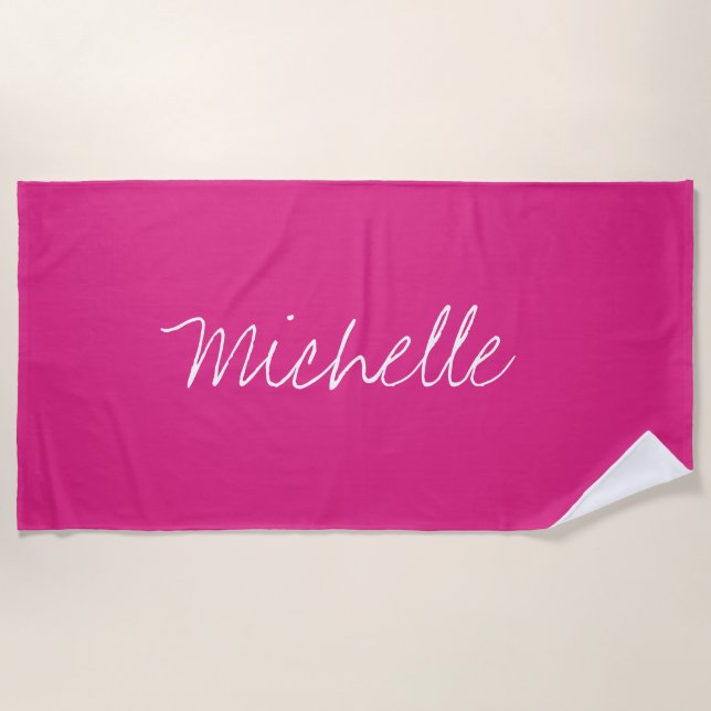 Serviette De Plage Nom personnalisé Solid Magenta Rose (Devant)