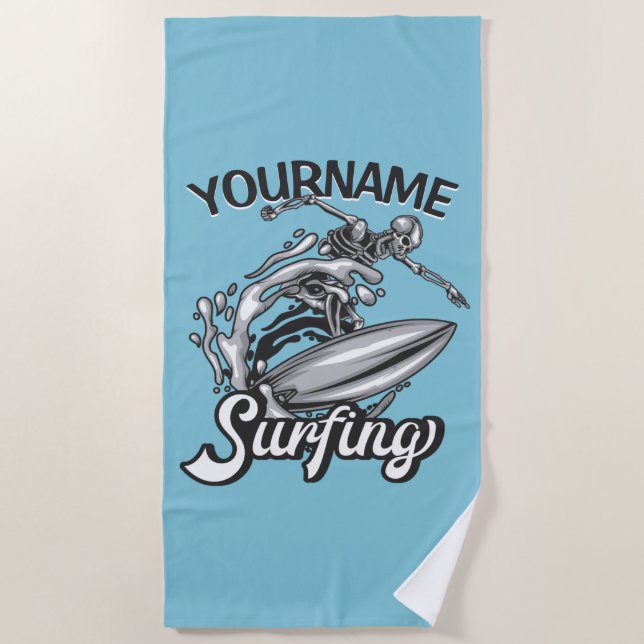 Serviette De Plage NOM personnalisé Surfer Big Wave Skeleton Surfing (Devant)