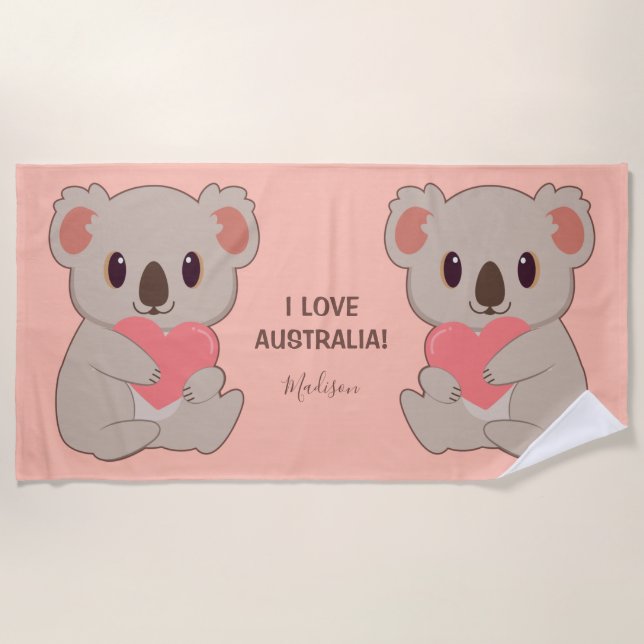 Serviette De Plage Nom personnalisé, texte et couleur amour Koala (Devant)