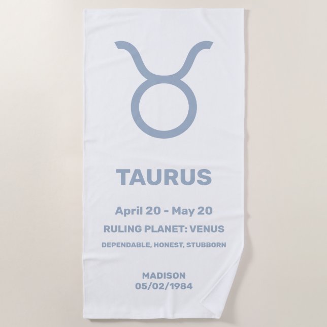 Serviette De Plage Nom personnalisé / Texte Zodiac Sign Taurus (Devant)