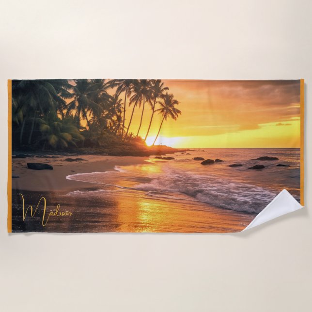 Serviette De Plage Nom personnalisé Tropical Beach Sunset (Devant)