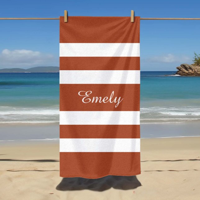 Serviette De Plage Nom rayé marron terracotta moderne (Custom Name Modern Terracotta Brown Striped Beach Towel
)