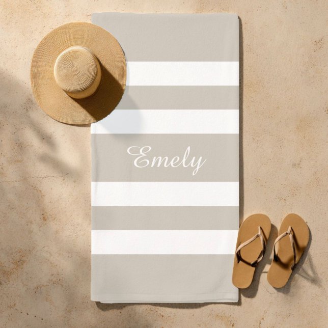 Serviette De Plage Nom rayé taupe moderne (Modern Taupe Beige Striped Beach Towel)