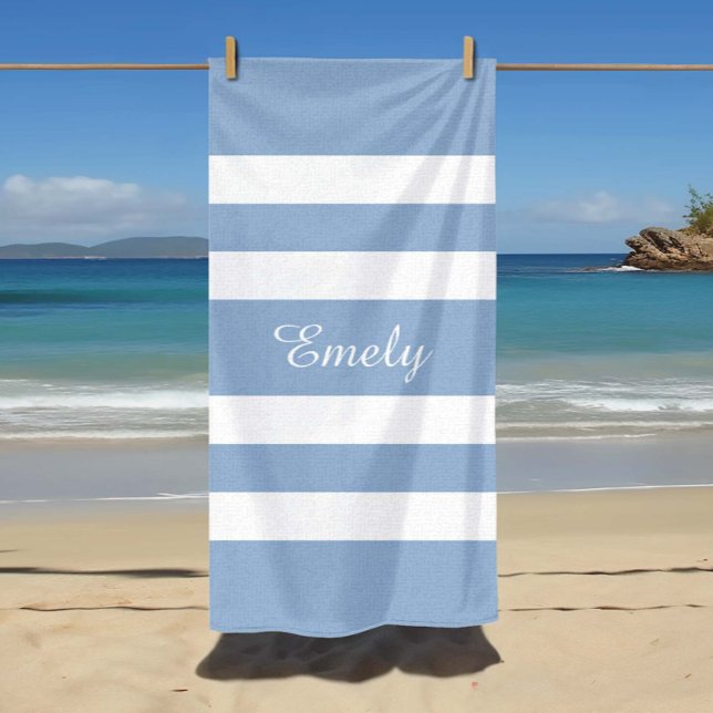 Serviette De Plage Nom Rayures Bleues Modernes (Modern Blue Stripes Name Beach Towel)
