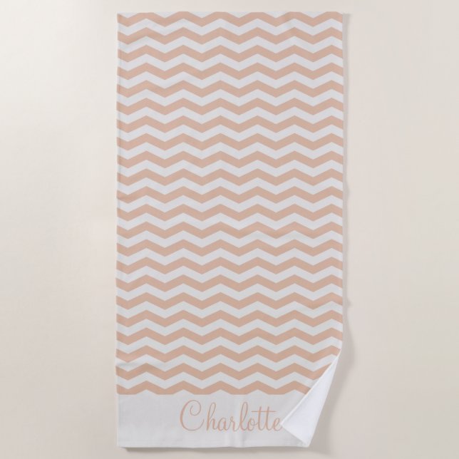 Serviette De Plage Nom rose pastel en rayure zig zag géométrique (Devant)