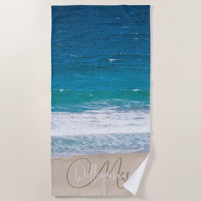 Serviette De Plage Nom tropical Blue Beach Waves Mariage (Devant)