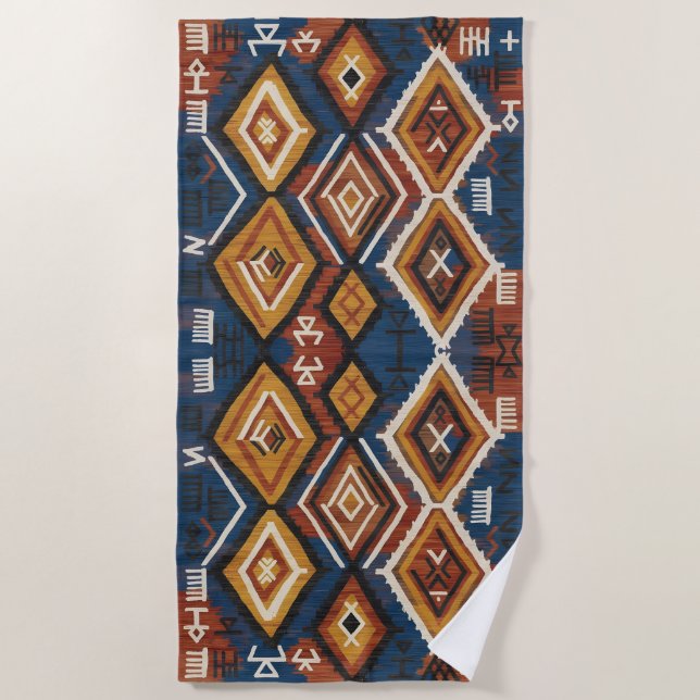 Serviette De Plage Nomade Indigo Terrien – Patchwork Tribal Artisanal (Devant)