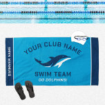 Serviette De Plage Noms personnalisés de nageurs de l'équipe de natat<br><div class="desc">La conception personnalisée de serviette de piscine pour l'équipe de natation pour les nageurs comporte un texte personnalisé pour le prénom et le nom du nageur, le nom du club d'équipe de natation et la mascotte ou autre texte. Ajoutez le logo de votre équipe à l'image de remplacement du dauphin....</div>