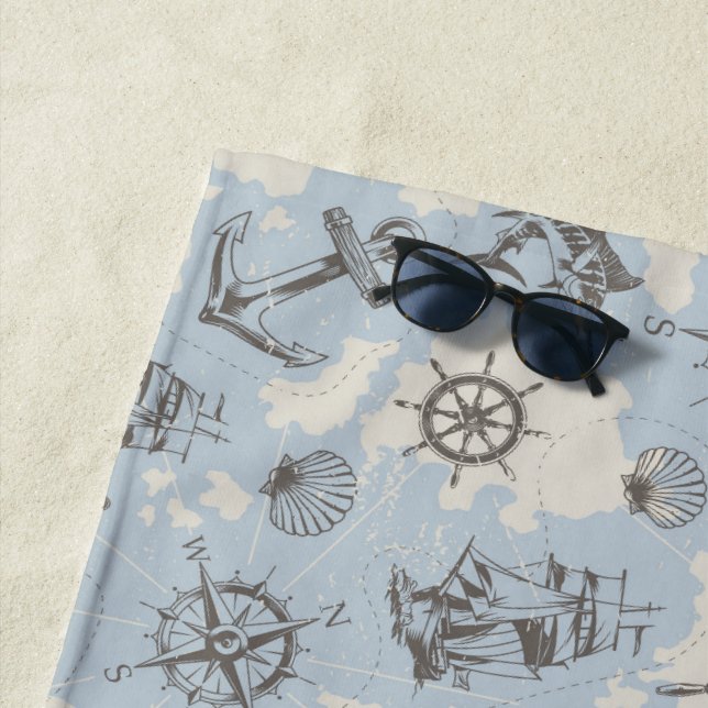 Serviette De Plage Nostalgique marin thème bleu motif (En situation)
