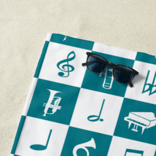 Serviette De Plage Notes et instruments de musique turquoise et blanc