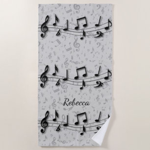 Serviette De Plage Notes musicales noires et grises personnalisées