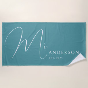 Serviette De Plage Nouveaux Mariés Bleu Canard Monsieur Nom Personnal
