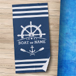 Serviette De Plage Oars d'Ancres nautiques Helm Votre nom Bleu & Blan<br><div class="desc">Ancre nautique et Barres croisées et roue de bateau - Helm With Personnalized Name sur un élégant Serviette de plage personnalisable. Cette serviette personnalisée ne vous permettra pas seulement de vous sécher,  mais aussi de vous amuser en conversation. Fait un objet cadeau pour toute occasion.</div>