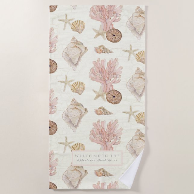 Serviette De Plage Océan Nautique Corail Starfish Sea Shell Aquarelle (Devant)