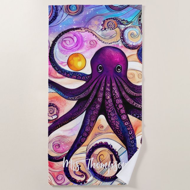 Serviette De Plage Octopus aquarelle joueuse avec nom personnalisé (Devant)