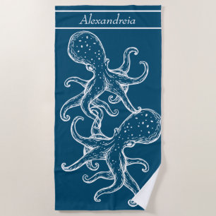 Serviette De Plage Octopus blanc marine moderne bleu océanique
