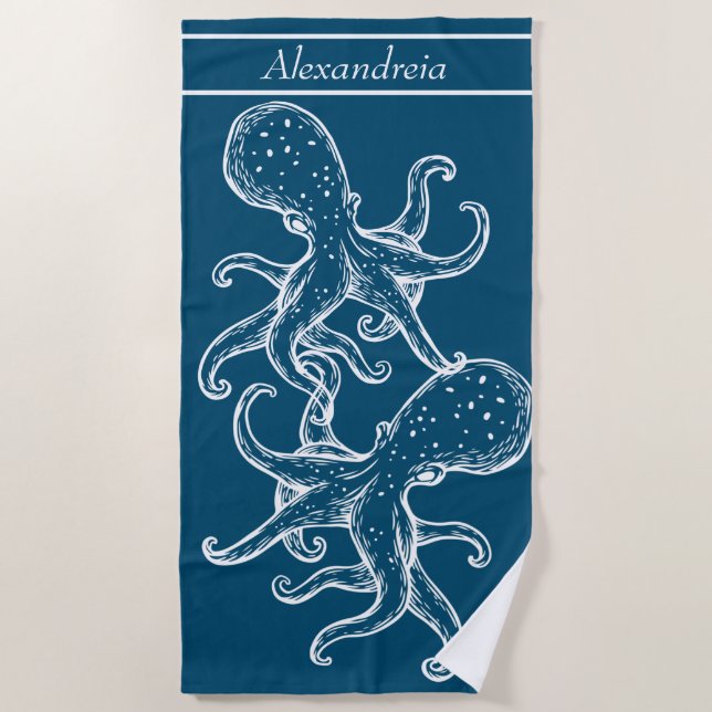 Serviette De Plage Octopus blanc marine moderne bleu océanique (Devant)