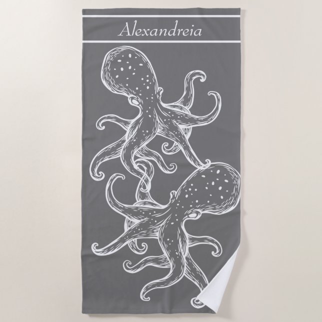 Serviette De Plage Octopus blanc marine moderne gris océan (Devant)