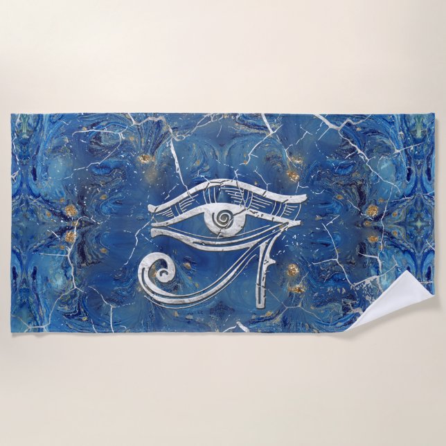 Serviette De Plage OEil égyptien d'argent sur le marbre bleu (Devant)