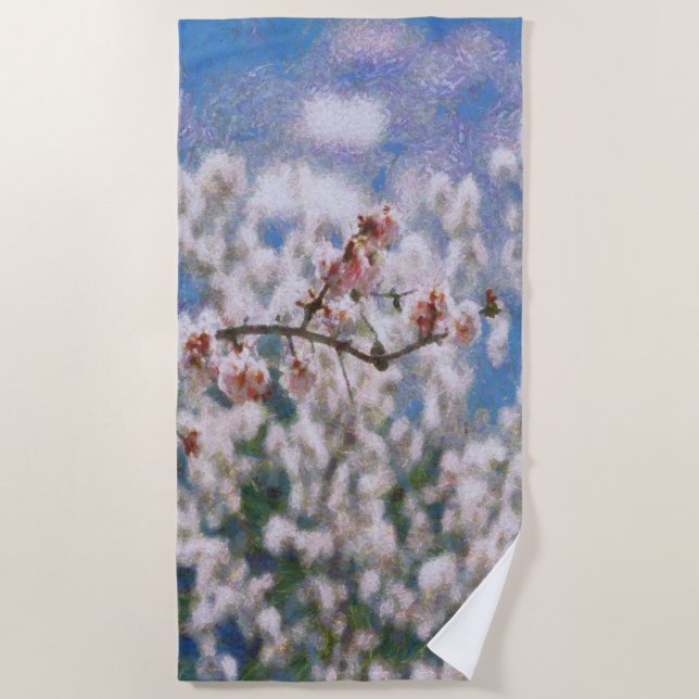 Serviette De Plage Oeuvre de Pointillisme d'amandiers en fleurs (Devant)