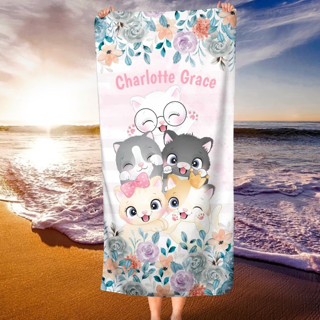 Serviette De Plage Oh So Girly mignonne Happy Kitten Friends Nom Flor (Créateur téléchargé)