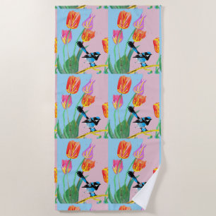Serviette De Plage Oiseau bleu usé Fleurs roses et bleues