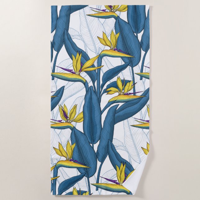 Serviette De Plage Oiseau de fleurs de paradis sur blanc (Devant)