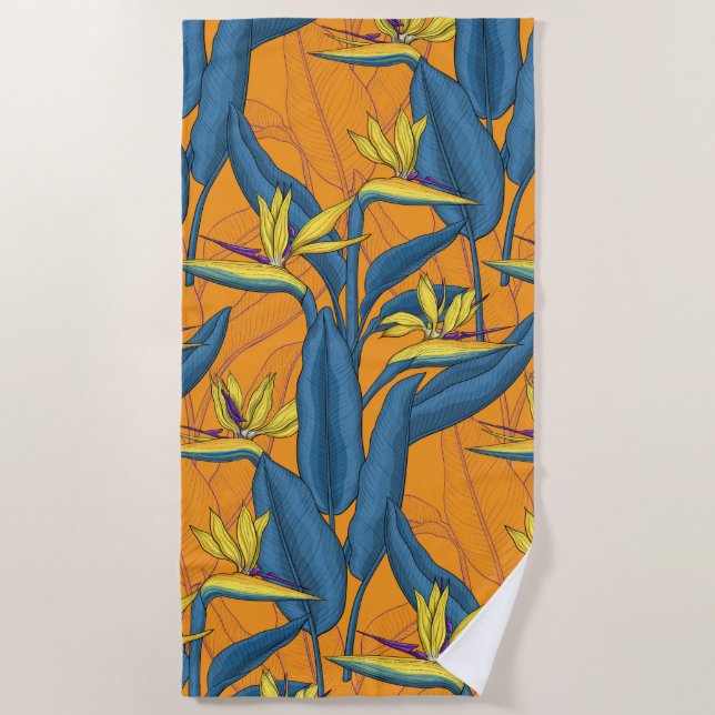 Serviette De Plage Oiseau de fleurs paradisiaques sur orange (Devant)