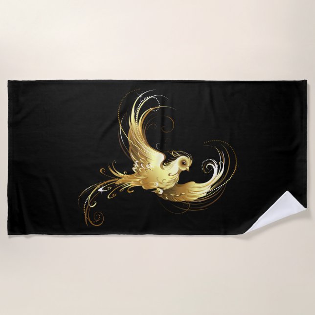 Serviette De Plage Oiseau d'or sur Arrière - plan noir (Devant)