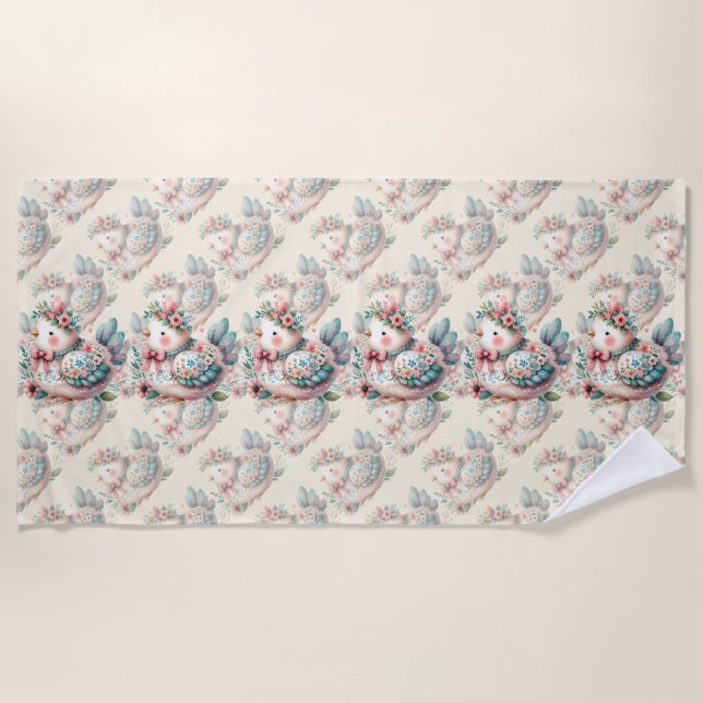 Serviette De Plage Oiseau folklorique floral au charme Pastel Boho (Devant)