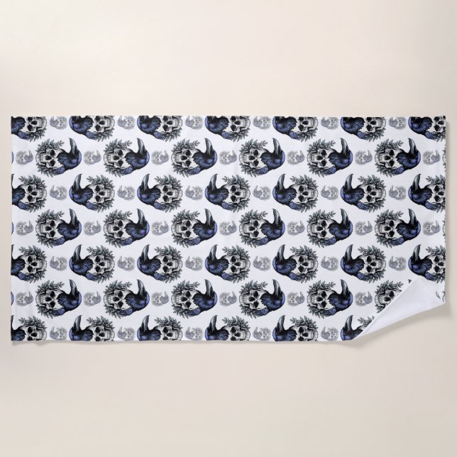 Serviette De Plage Oiseau noir sur un crâne Goth Design Motif (Devant)