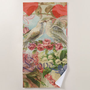 Serviette De Plage Oiseaux de l'amour Vintage Antique Cœur