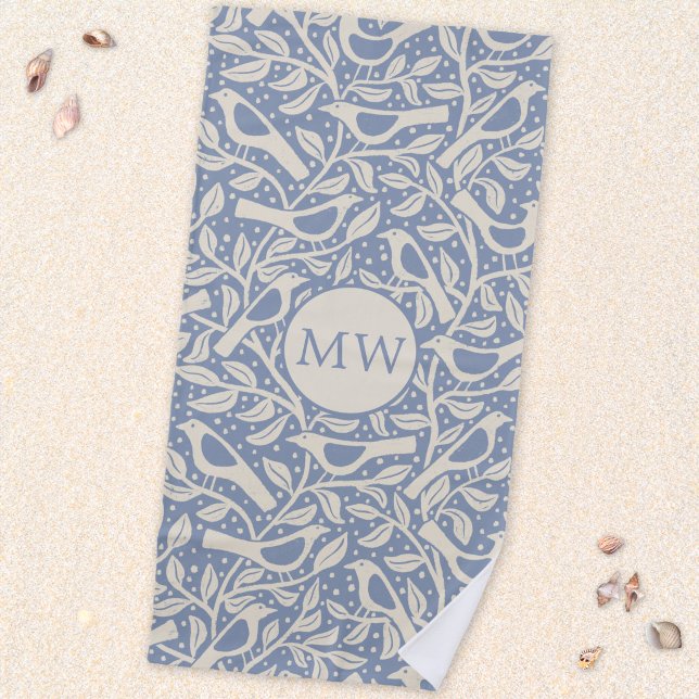 Serviette De Plage Oiseaux du Patrimoine Monogramme Initiales (Heritage Arts and Crafts style monogram initial personalized birds and branches beach towel)
