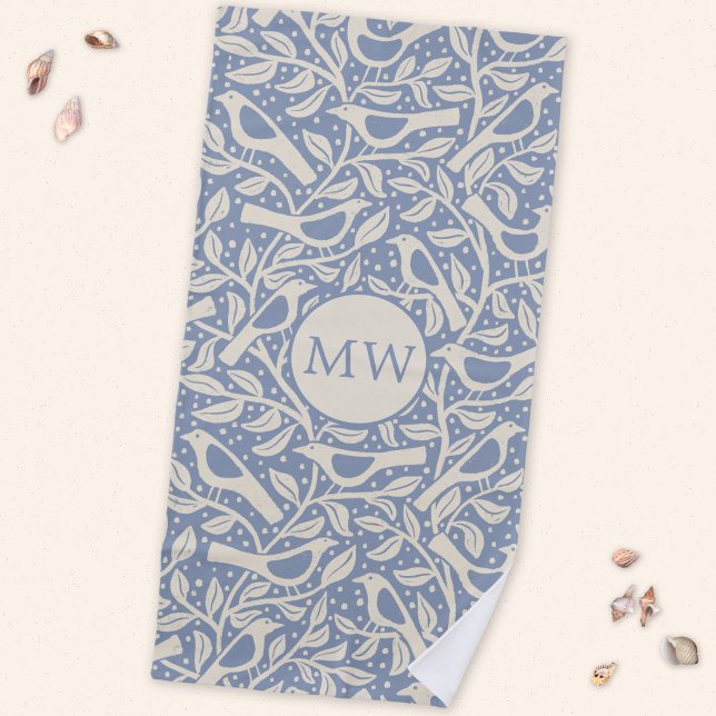 Serviette De Plage Oiseaux du Patrimoine Monogramme Initiales (Heritage Arts and Crafts style monogram initial personalized birds and branches beach towel)