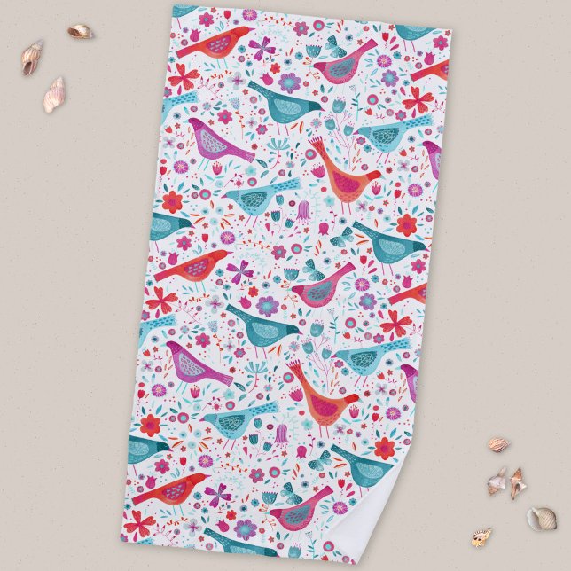 Serviette De Plage Oiseaux et fleurs à l'aquarelle moderne (Birds in a Garden watercolor art beach towel with original art by Nic Squirrell. )