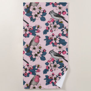 Serviette De Plage Oiseaux et fleurs roses