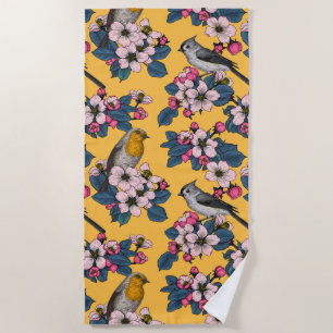 Serviette De Plage Oiseaux et fleurs sur le jaune
